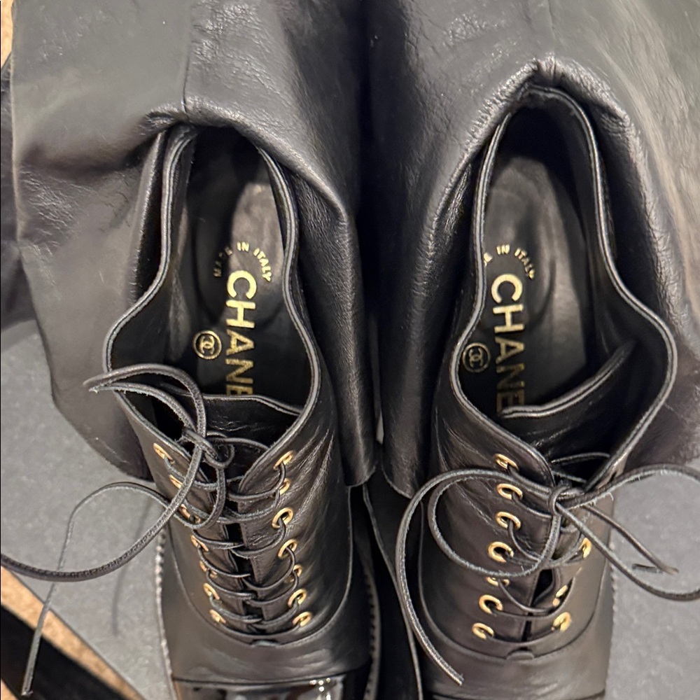 Chanel Lace-Up Ankle Boots Bow Wrap Black Leather Cap Toe Heeled Booties 37.5 - Picture 7 of 12